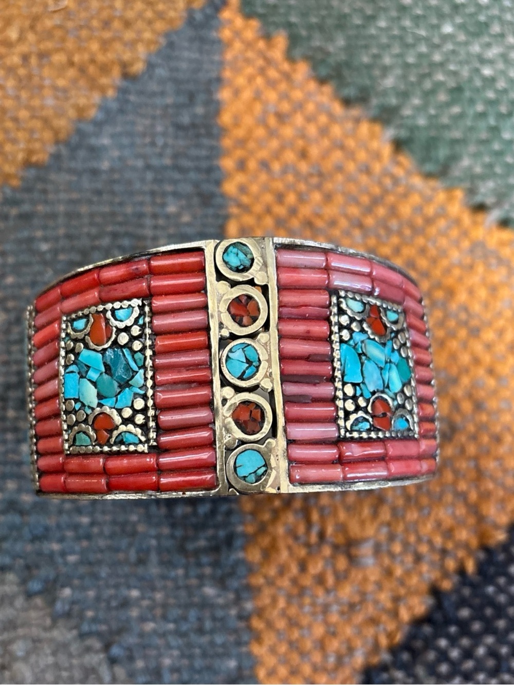 Rare Tibetan Nepalese Handmade Cuff Bangle With Turquoise And Coral Stone